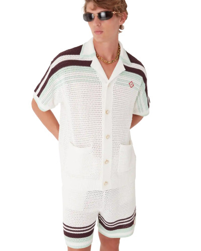 NIGO Casablanca Men's Summer Fashion Casual V-Neck Single Button Knit Striped Sweater Shirt with Elastic Drawstring Waist Knit Striped Shorts Suit Set #nigo78593