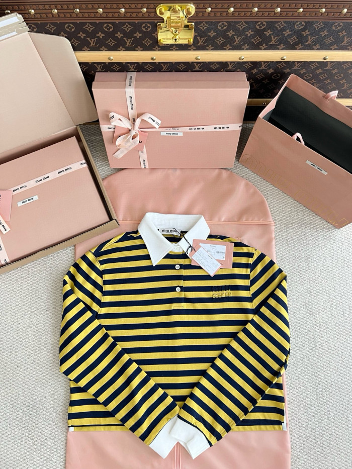 NIGO MiuMiu Women's Spring And Summer Fashion Trend Cotton Striped Embroidered Logo Long Flow Polo Shirt T-shirt Loose Casual Top #nigo81618