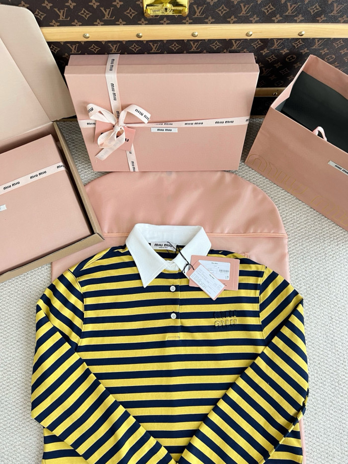 NIGO MiuMiu Women's Spring And Summer Fashion Trend Cotton Striped Embroidered Logo Long Flow Polo Shirt T-shirt Loose Casual Top #nigo81618
