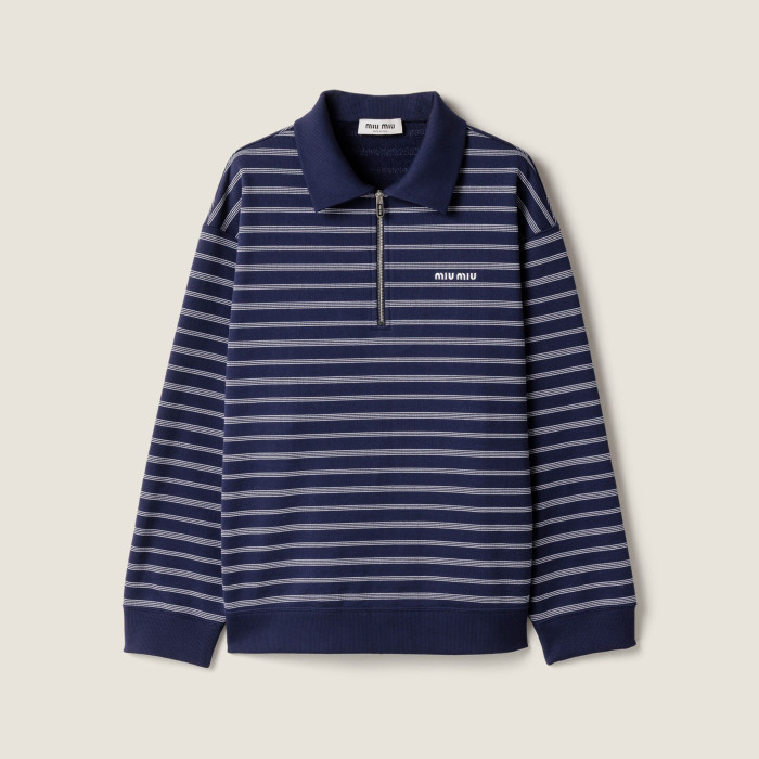 NIGO MiuMiu Women's Summer Logo Embroidered Cotton Loose-Fit Color-Block Striped Zipper Polo Shirt #nigo81544