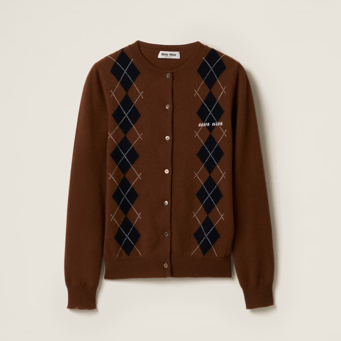 NIGO MiuMiu Women's Vintage High-Street Logo Print Diamond Pattern Crew Neck Single-Button Solid Color Spring/Fall/Winter Long-Sleeve Cashmere Knit Cardigan #nigo81539