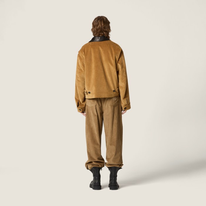 NIGO MiuMiu Women's Contrast-Color Leather Collar Spring/Fall Padded Corduroy Zipper Long-Sleeve Solid-Color Jacket #nigo81548