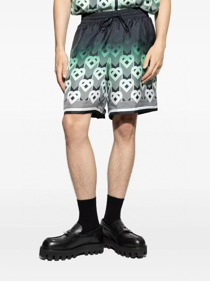 NIGO Casablanca Men's Summer Fashion Casual Heart Pattern Silk Button Down Short Sleeve Shirt with Elastic Drawstring Silk Shorts Suit Set #nigo78592