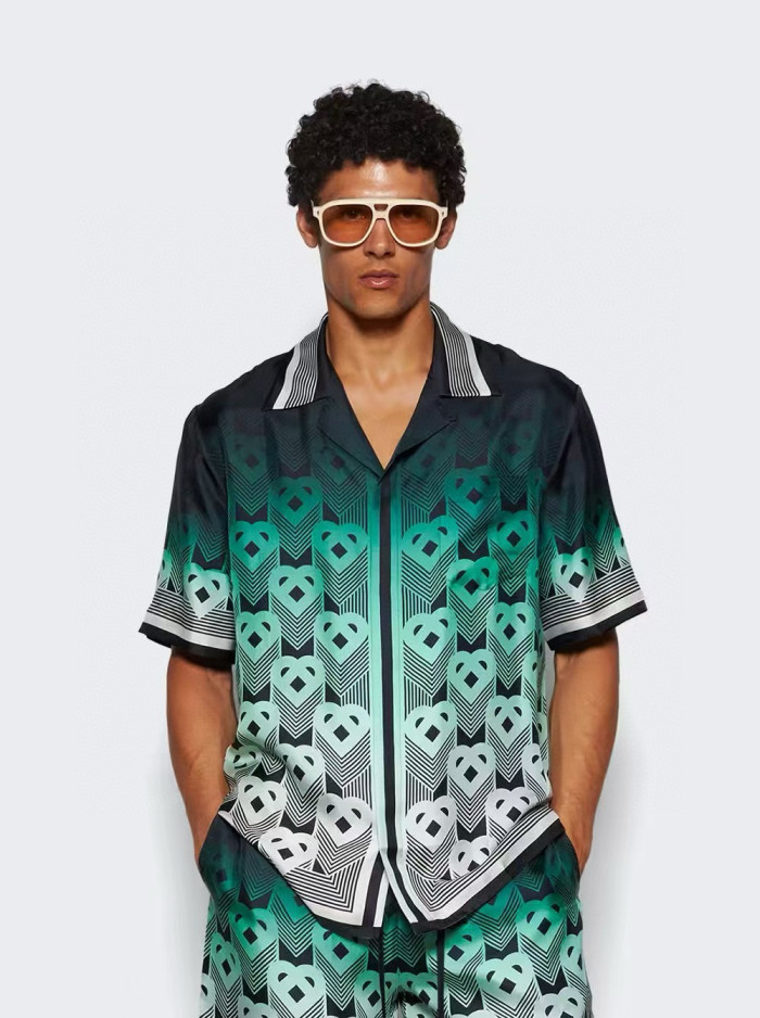 NIGO Casablanca Men's Summer Fashion Casual Heart Pattern Silk Button Down Short Sleeve Shirt with Elastic Drawstring Silk Shorts Suit Set #nigo78592