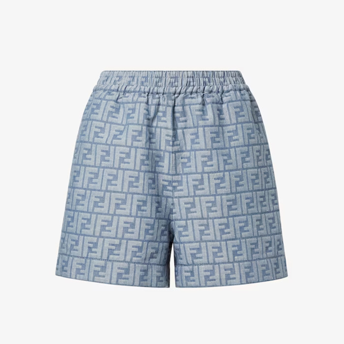NIGO Fendi Women's Summer Blue FF Jacquard Chambray Short-Sleeve Collared Denim Jacket With Casual Elastic Waist Shorts #nigo81543