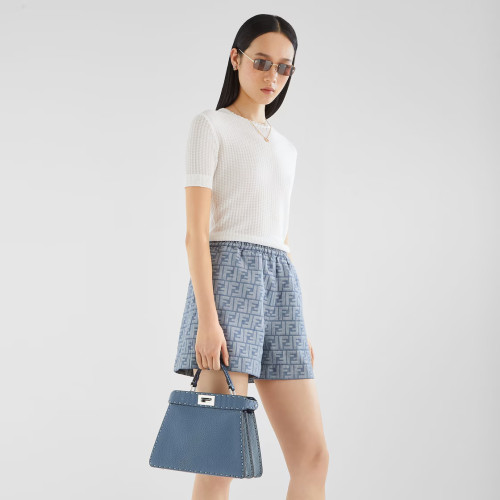 NIGO Fendi Women's Summer Blue FF Jacquard Chambray Short-Sleeve Collared Denim Jacket With Casual Elastic Waist Shorts #nigo81543