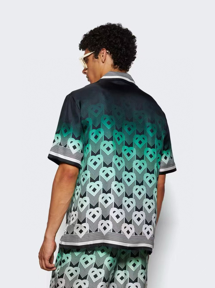 NIGO Casablanca Men's Summer Fashion Casual Heart Pattern Silk Button Down Short Sleeve Shirt with Elastic Drawstring Silk Shorts Suit Set #nigo78592