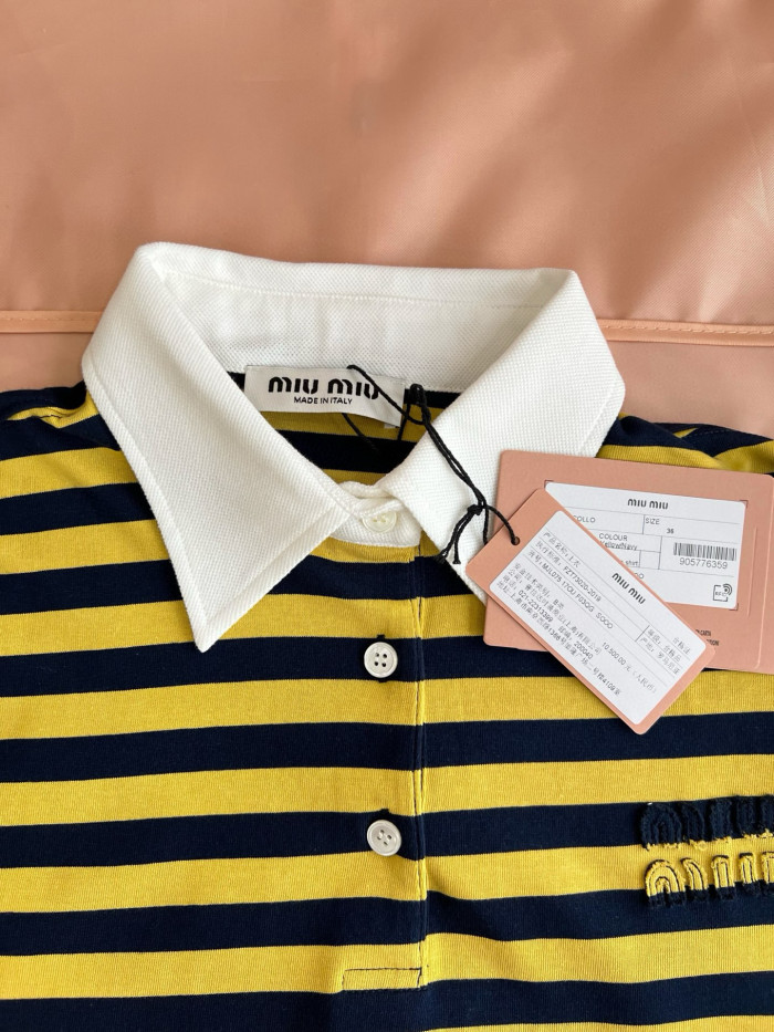NIGO MiuMiu Women's Spring And Summer Fashion Trend Cotton Striped Embroidered Logo Long Flow Polo Shirt T-shirt Loose Casual Top #nigo81618
