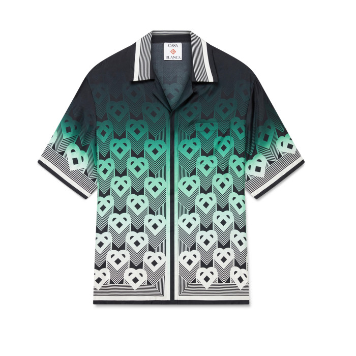 NIGO Casablanca Men's Summer Fashion Casual Heart Pattern Silk Button Down Short Sleeve Shirt with Elastic Drawstring Silk Shorts Suit Set #nigo78592