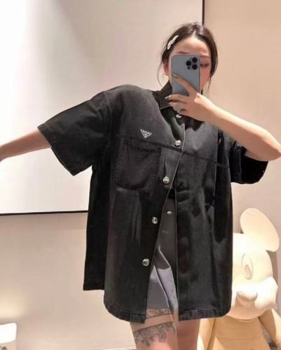 NIGO Prada Men's Early Autumn Men's Women's Lycra Denim Shirt, Triangle Logo Vintage Gray Short Sleeve Lapel Shirt Polo T-shirt  #nigo81617