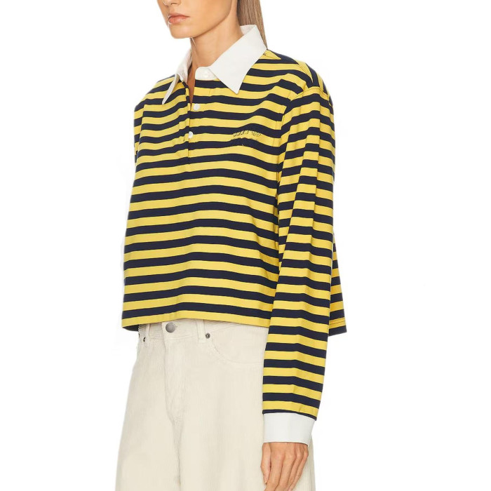 NIGO MiuMiu Women's Spring And Summer Fashion Trend Cotton Striped Embroidered Logo Long Flow Polo Shirt T-shirt Loose Casual Top #nigo81618