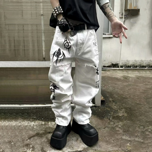 NIGO Vetements Men's High Street Vintage Show Co-branded Opium Deconstructed Splicing Tattoo Print White Denim Pants Fashion Trend Casual Pants Ngvp #nigo2446