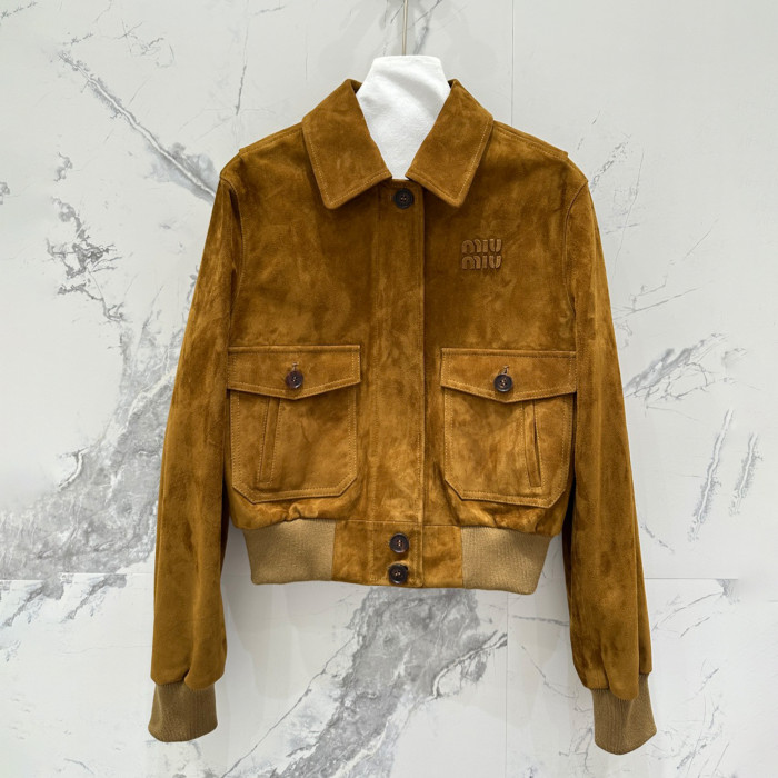 NIGO MiuMiu Women's Autumn And Winter Luxury Suede Leather Short Jacket Fashion Trend Solid Color Short Pilot Jacket #nigo81613