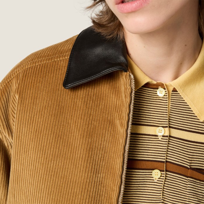 NIGO MiuMiu Women's Contrast-Color Leather Collar Spring/Fall Padded Corduroy Zipper Long-Sleeve Solid-Color Jacket #nigo81548