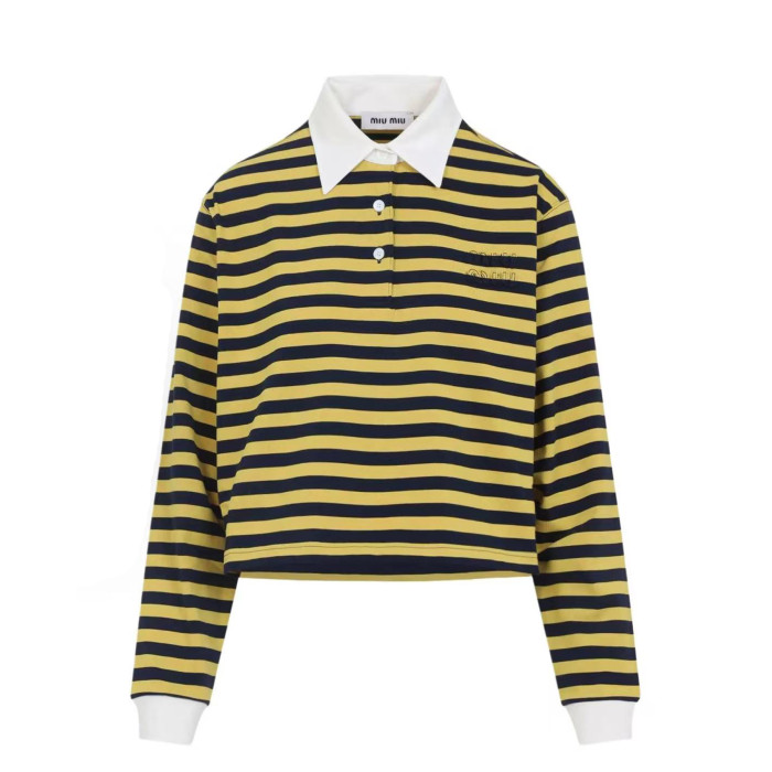 NIGO MiuMiu Women's Spring And Summer Fashion Trend Cotton Striped Embroidered Logo Long Flow Polo Shirt T-shirt Loose Casual Top #nigo81618