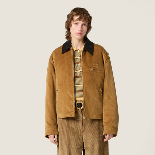 NIGO MiuMiu Women's Contrast-Color Leather Collar Spring/Fall Padded Corduroy Zipper Long-Sleeve Solid-Color Jacket #nigo81548