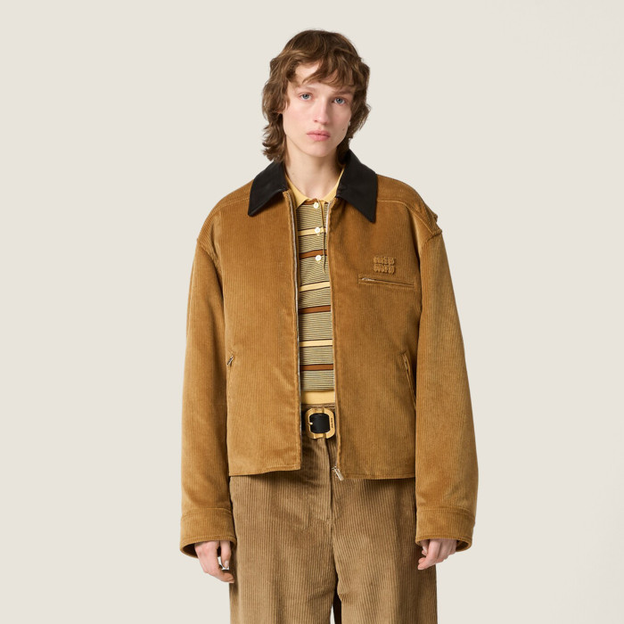 NIGO MiuMiu Women's Contrast-Color Leather Collar Spring/Fall Padded Corduroy Zipper Long-Sleeve Solid-Color Jacket #nigo81548