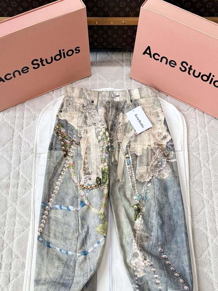 NIGO Acne Studios Men's & Women's Lace Pearl Chain 3D Print Four-Season Relaxed Mid-Rise Straight-Leg Curved Hem Denim Pants #nigo81549