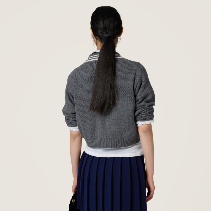 NIGO MiuMiu Women's Spring/Fall Fashion Casual Solid Color Collared Wool Lace Up Knit Polo Shirt with Cashmere Skirt Suit Set #nigo78627