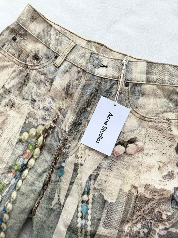 NIGO Acne Studios Men's & Women's Lace Pearl Chain 3D Print Four-Season Relaxed Mid-Rise Straight-Leg Curved Hem Denim Pants #nigo81549