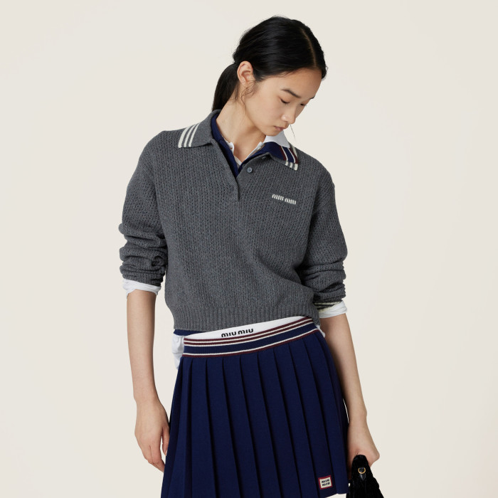 NIGO MiuMiu Women's Spring/Fall Fashion Casual Solid Color Collared Wool Lace Up Knit Polo Shirt with Cashmere Skirt Suit Set #nigo78627