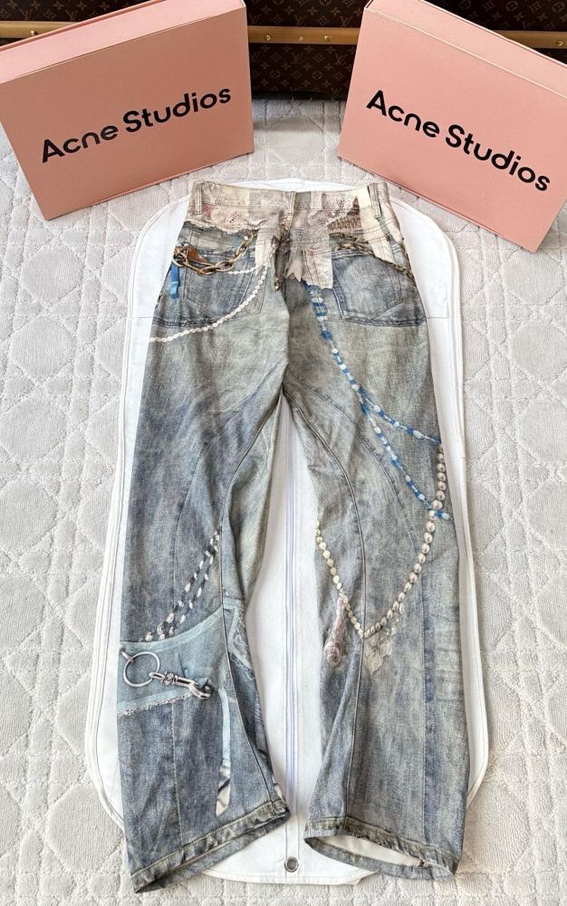 NIGO Acne Studios Men's & Women's Lace Pearl Chain 3D Print Four-Season Relaxed Mid-Rise Straight-Leg Curved Hem Denim Pants #nigo81549