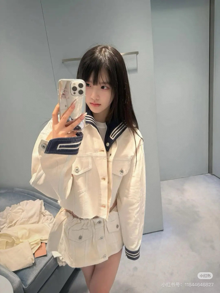 NIGO MiuMiu Women's Spring/Summer Navy Collar Single-Button Cotton Long-Sleeve Denim Jacket Solid-Color Casual Short Skirt #nigo81546
