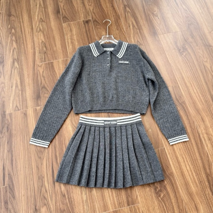 NIGO MiuMiu Women's Spring/Fall Fashion Casual Solid Color Collared Wool Lace Up Knit Polo Shirt with Cashmere Skirt Suit Set #nigo78627