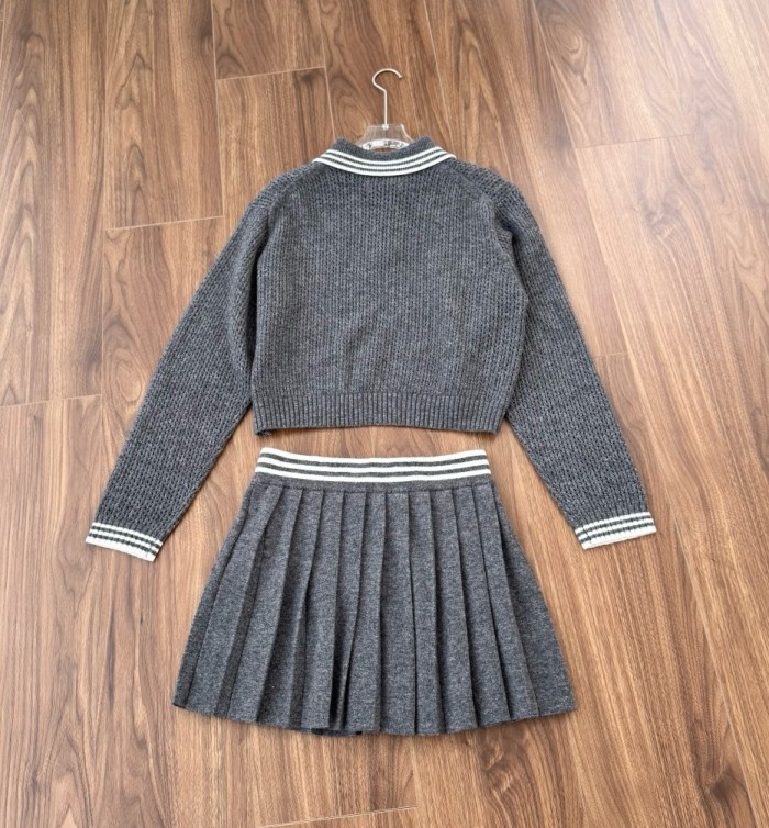 NIGO MiuMiu Women's Spring/Fall Fashion Casual Solid Color Collared Wool Lace Up Knit Polo Shirt with Cashmere Skirt Suit Set #nigo78627