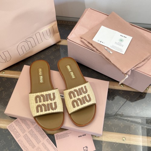 NIGO MiuMiu Women's Spring/Summer/Fall Logo Raffia Woven Leather Flat Sandals Casual Slippers Shoes #nigo81553