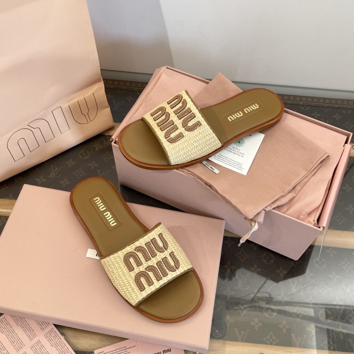 NIGO MiuMiu Women's Spring/Summer/Fall Logo Raffia Woven Leather Flat Sandals Casual Slippers Shoes #nigo81553