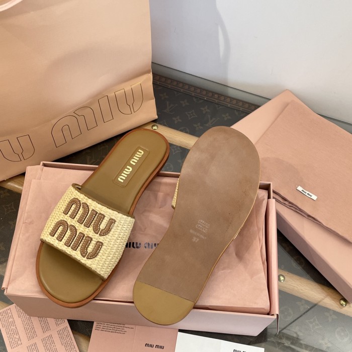NIGO MiuMiu Women's Spring/Summer/Fall Logo Raffia Woven Leather Flat Sandals Casual Slippers Shoes #nigo81553