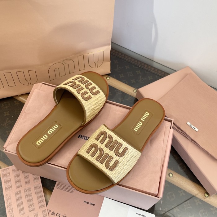 NIGO MiuMiu Women's Spring/Summer/Fall Logo Raffia Woven Leather Flat Sandals Casual Slippers Shoes #nigo81553
