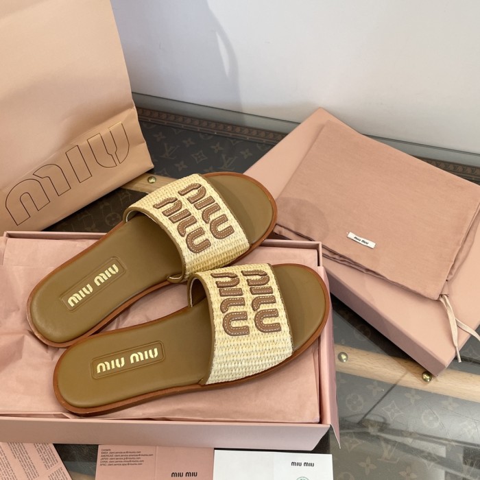 NIGO MiuMiu Women's Spring/Summer/Fall Logo Raffia Woven Leather Flat Sandals Casual Slippers Shoes #nigo81553