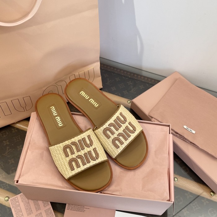 NIGO MiuMiu Women's Spring/Summer/Fall Logo Raffia Woven Leather Flat Sandals Casual Slippers Shoes #nigo81553