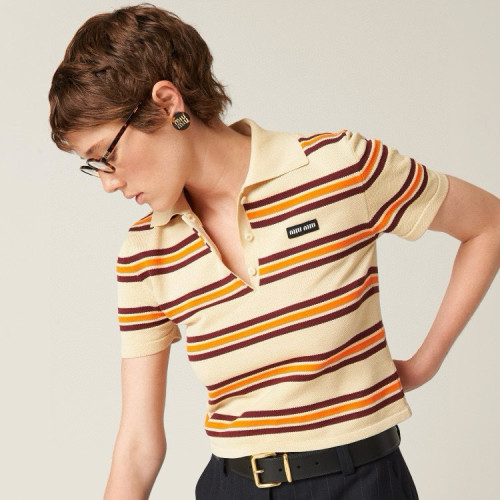 NIGO MiuMiu Women's Spring And Summer Striped Polo Shirt Knitted Fashion Trend Retro Short-sleeved Logo Short T-shirt Tops #nigo81639