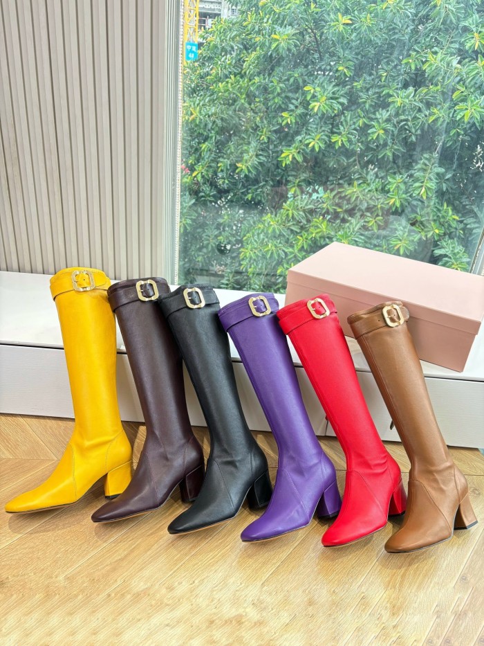 NIGO MiuMiu Women's Spring/Fall Fashion Classic Round Toe Cuffed Chunky Heel Solid Color Leather Long Boots Shoes#nigo78718