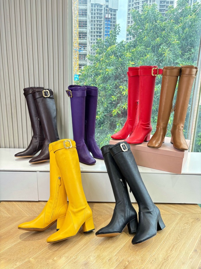 NIGO MiuMiu Women's Spring/Fall Fashion Classic Round Toe Cuffed Chunky Heel Solid Color Leather Long Boots Shoes#nigo78718