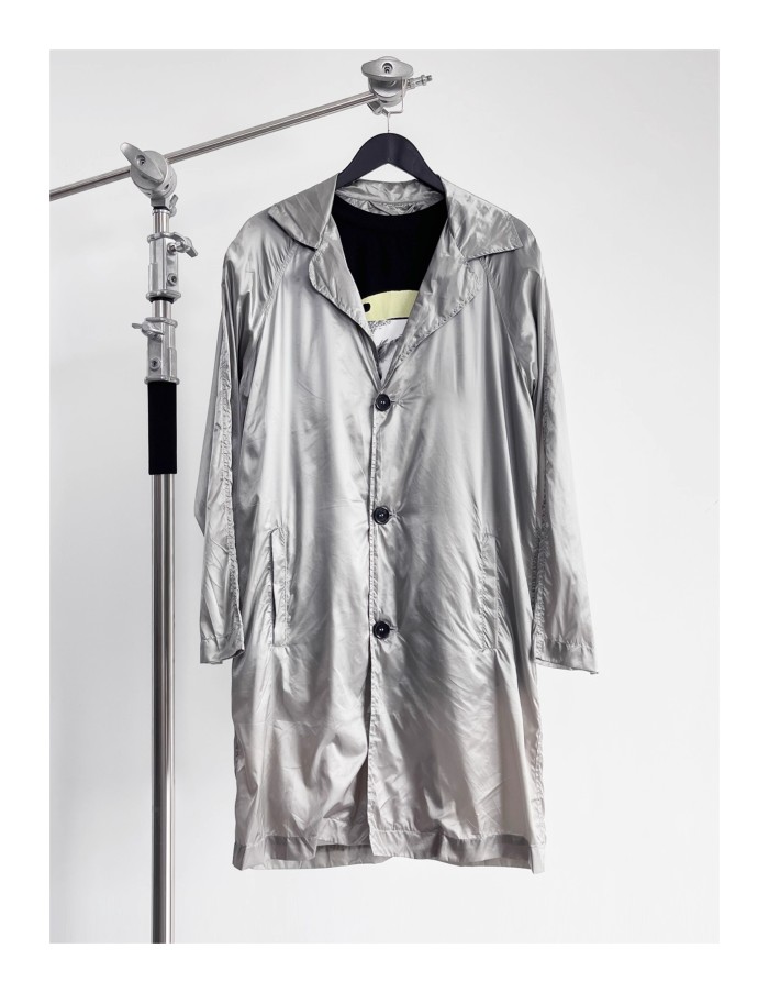 NIGO Raf Simons Men's Spring And Summer Punk Fake Two Pieces Splicing Silver Poplin Long Trench Coat Loose Jacket Ngvp #nigo2464
