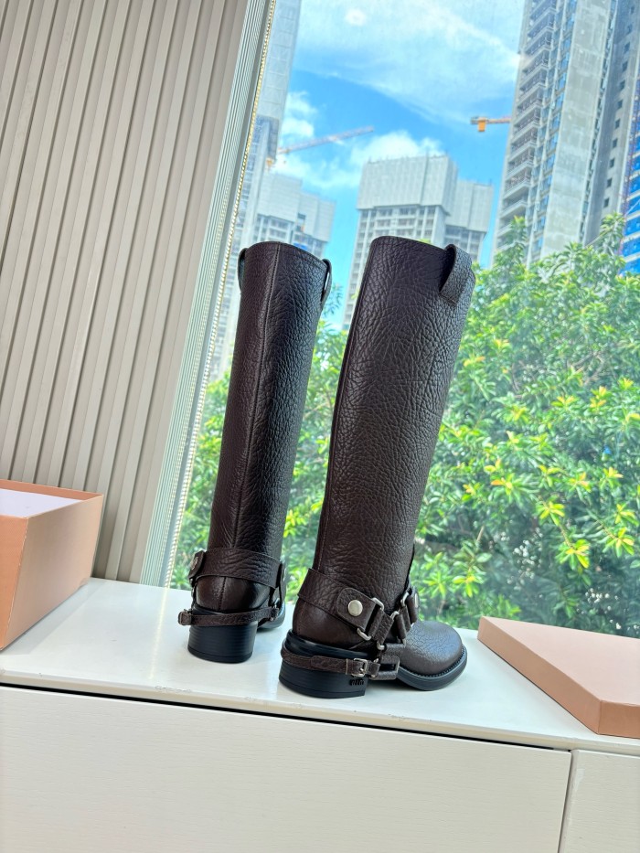 NIGO MiuMiu Women's Fall/Winter Classic Solid-Color Leather Biker-Style Long Boots Retro Rider Long Boots Shoes #nigo78721