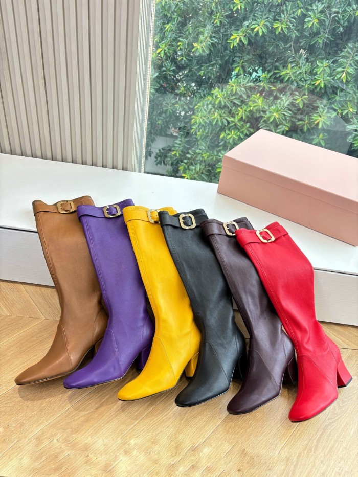 NIGO MiuMiu Women's Spring/Fall Fashion Classic Round Toe Cuffed Chunky Heel Solid Color Leather Long Boots Shoes#nigo78718