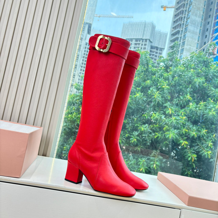 NIGO MiuMiu Women's Spring/Fall Fashion Classic Round Toe Cuffed Chunky Heel Solid Color Leather Long Boots Shoes#nigo78718