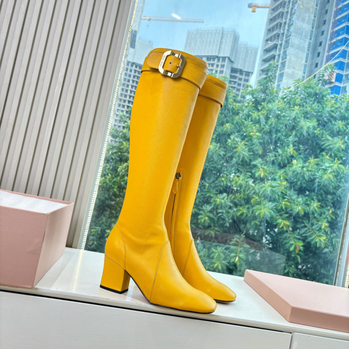NIGO MiuMiu Women's Spring/Fall Fashion Classic Round Toe Cuffed Chunky Heel Solid Color Leather Long Boots Shoes#nigo78718