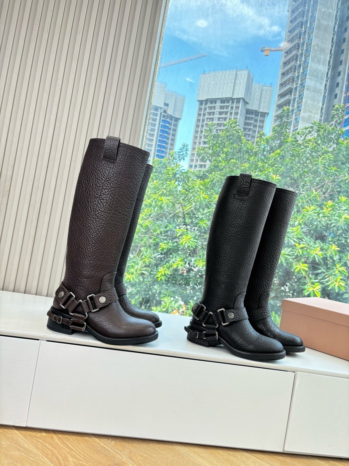NIGO MiuMiu Women's Fall/Winter Classic Solid-Color Leather Biker-Style Long Boots Retro Rider Long Boots Shoes #nigo78721