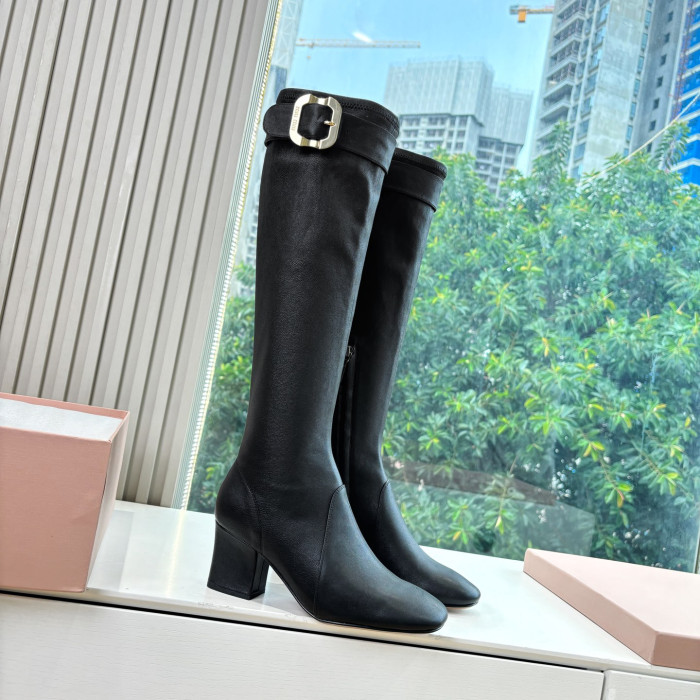 NIGO MiuMiu Women's Spring/Fall Fashion Classic Round Toe Cuffed Chunky Heel Solid Color Leather Long Boots Shoes#nigo78718