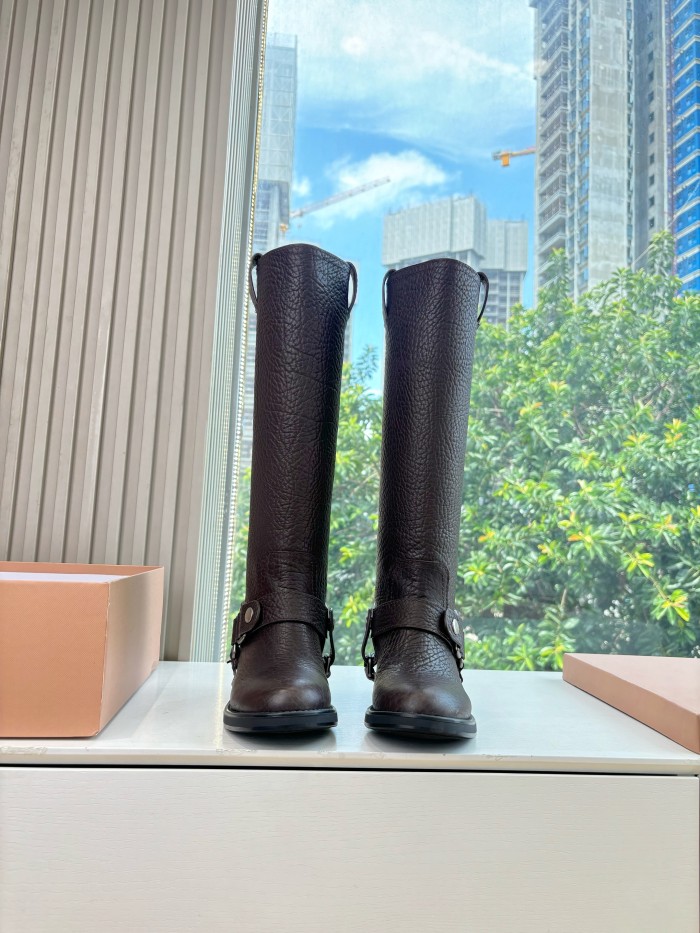 NIGO MiuMiu Women's Fall/Winter Classic Solid-Color Leather Biker-Style Long Boots Retro Rider Long Boots Shoes #nigo78721