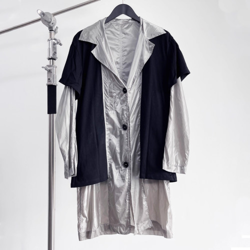 NIGO Raf Simons Men's Spring And Summer Punk Fake Two Pieces Splicing Silver Poplin Long Trench Coat Loose Jacket Ngvp #nigo2464