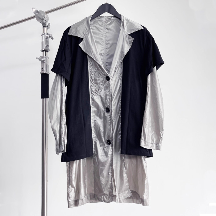 NIGO Raf Simons Men's Spring And Summer Punk Fake Two Pieces Splicing Silver Poplin Long Trench Coat Loose Jacket Ngvp #nigo2464
