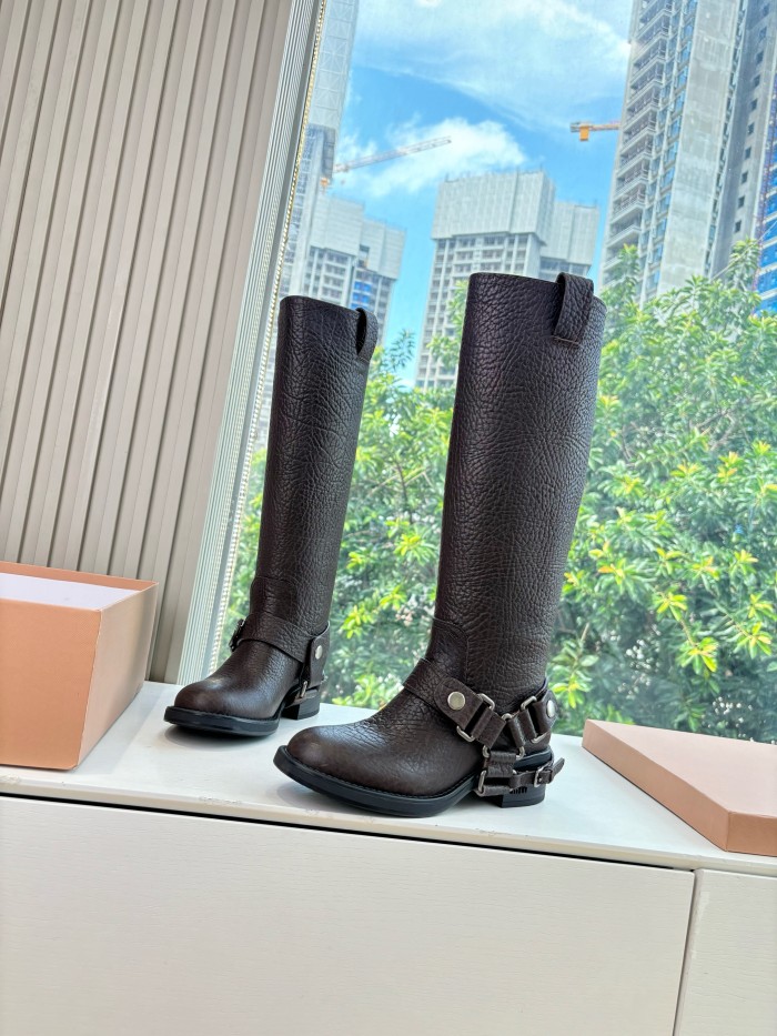 NIGO MiuMiu Women's Fall/Winter Classic Solid-Color Leather Biker-Style Long Boots Retro Rider Long Boots Shoes #nigo78721