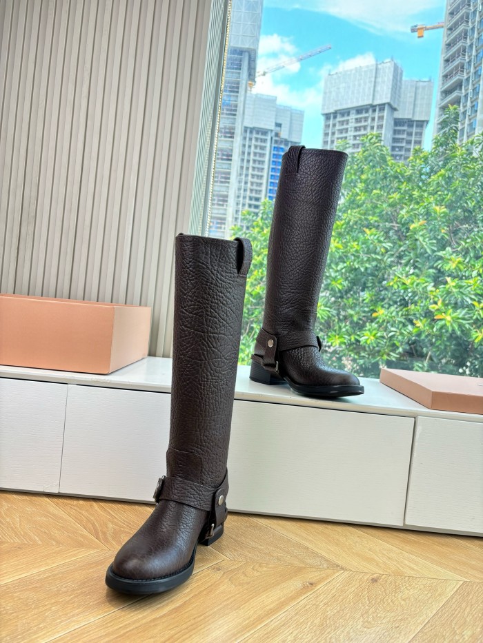 NIGO MiuMiu Women's Fall/Winter Classic Solid-Color Leather Biker-Style Long Boots Retro Rider Long Boots Shoes #nigo78721